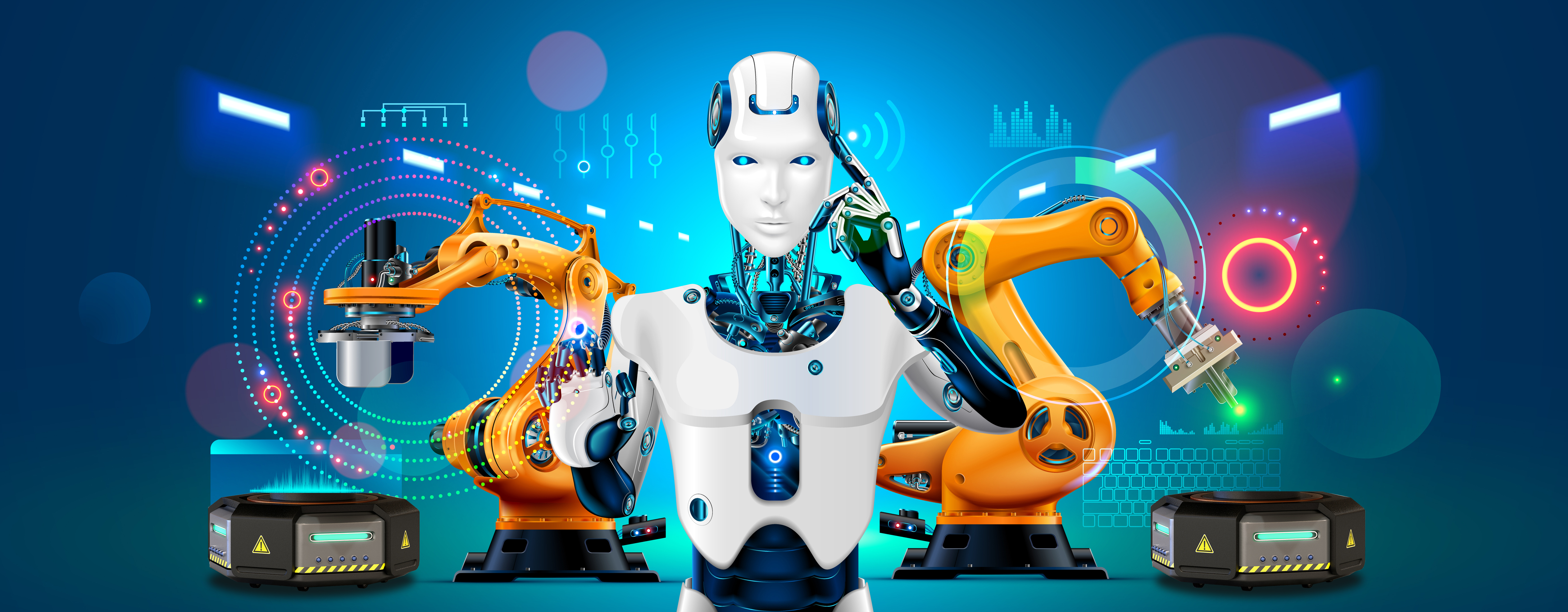 Industry 4.0 concept banner. Robot with AI control production line on smart factory. Cybernetic Artificial intelligence automates the production process and communications with robotics arms.